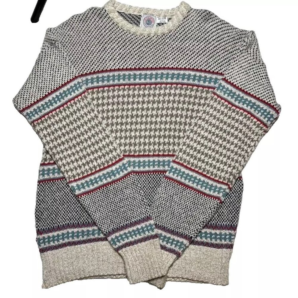 Cape Isle Knitters Mens Sweater Vtg‎ Cotton USA Houndstooth Chunky Flaw* Large